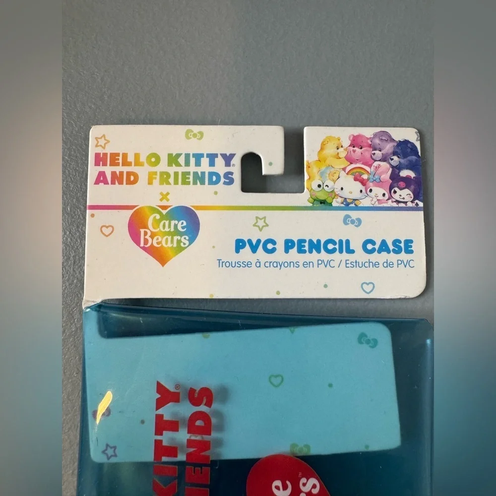 Hello Kitty and friends x Care Bears Teal PVC Pencil Case snap closure rainbow